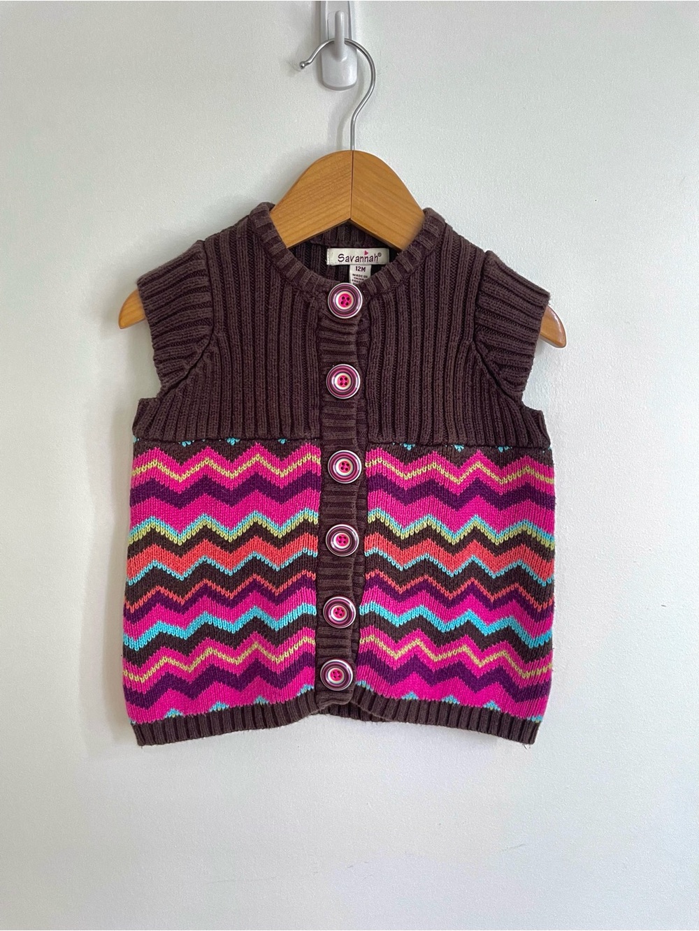 $4 💥Baby Girl Sweater Vest, Chevrons, Swirl Buttons, Pink & Chocolate Brown